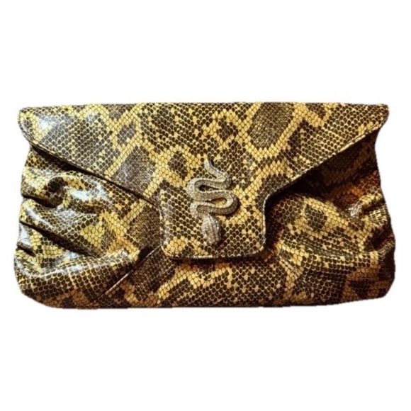 Kenneth Jay Lane Snake Embellished Faux Snakeskin Clutch Evening Bag - Picture 1 of 11